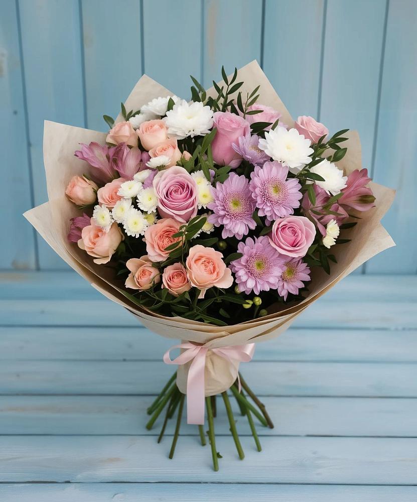 Букет цветов из: Хризантемы, Розы и Альстромерии в Горки-2