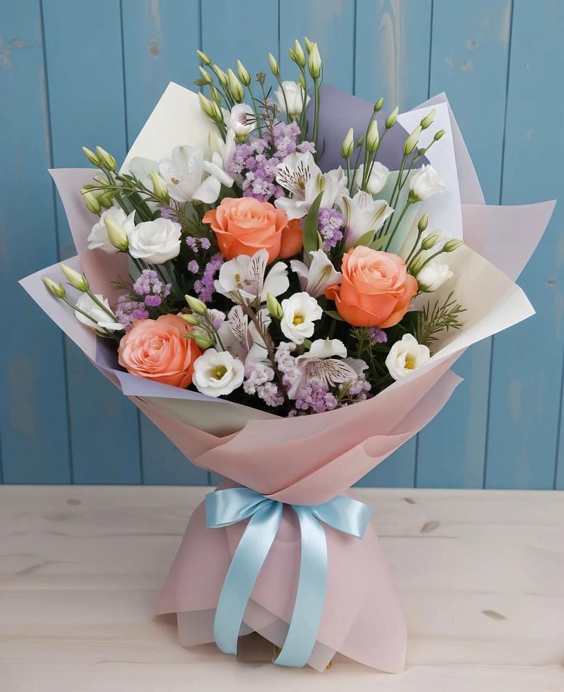 Букет цветов из: Лизиантусы, Розы, Альстромерии и Гипсофила в Горки-2