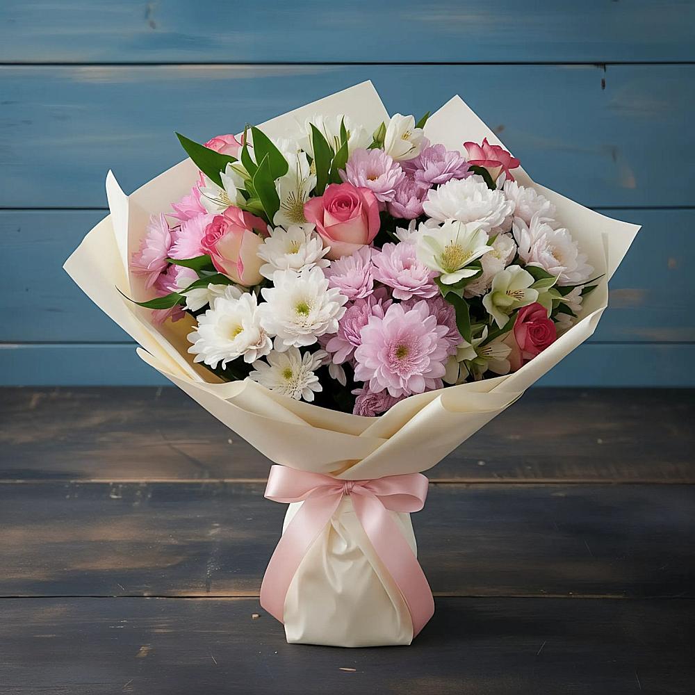 Букет цветов из: Хризантемы, Альстромерии и Розы в Горки-2